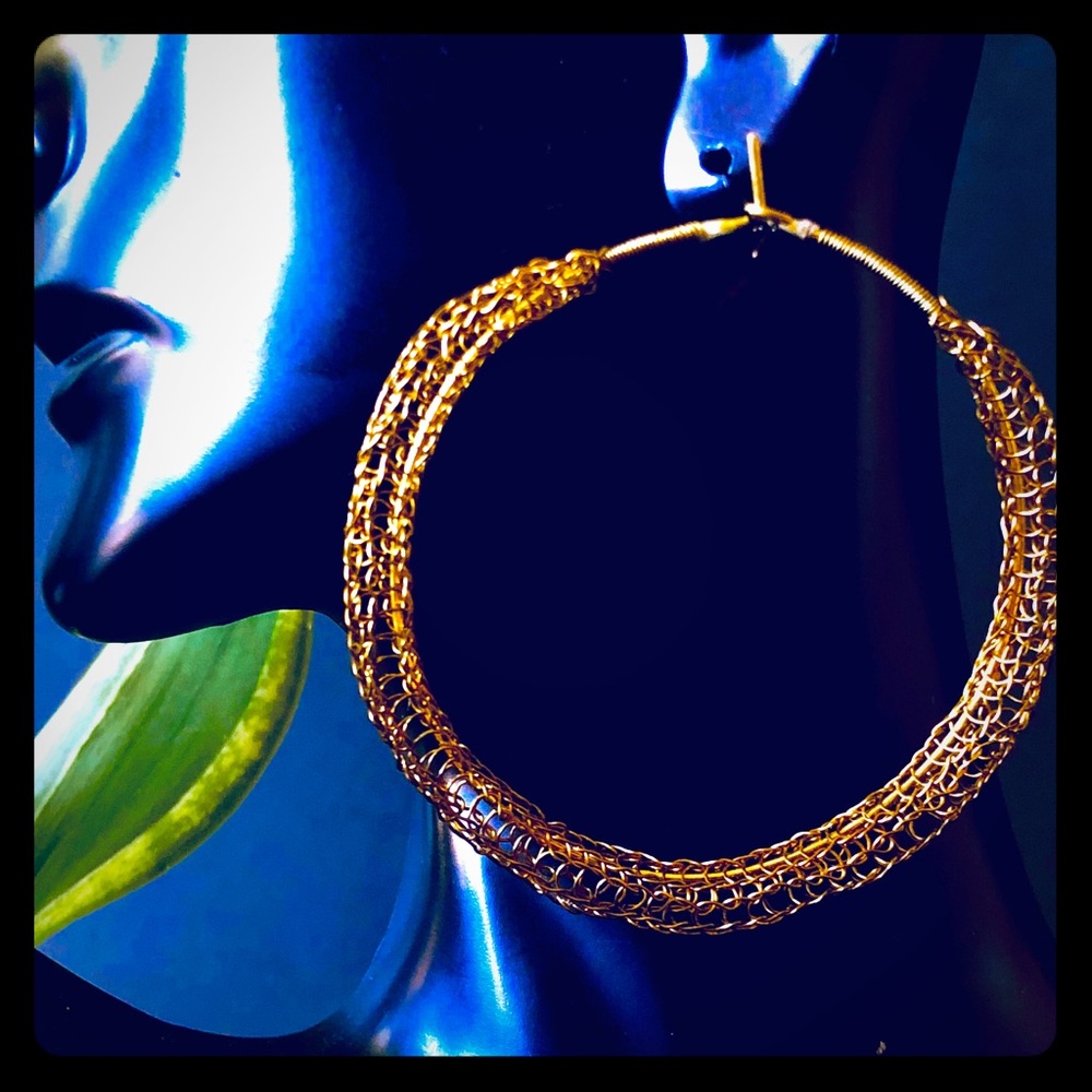 2.25” Handmade Gold Wire Crocheted Hoop Earrings